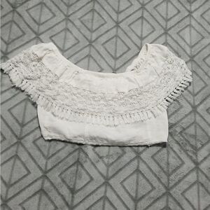 American Eagle White Off the Shoulder Crotchet Boho Chic Tassel Ruffle Crop Top